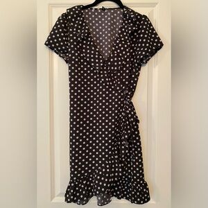 Polka Dot Faux Wrap Dress, ruffle detailing at neckline & hem. Unlined. Size M.